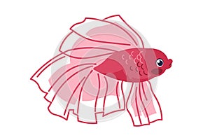 Cartoon fish with long fins. Red aquarium or ocean coral reef animal. Fishbowl element. Marine creature with scales and tail.