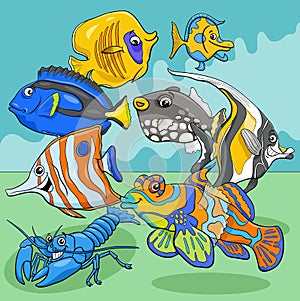 Cartoon fish marine animal characters group