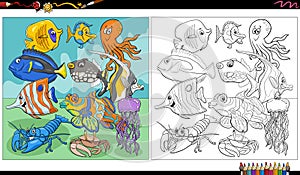 cartoon fish and marine animal characters group coloring page