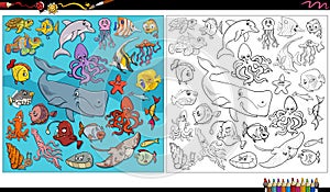 cartoon fish and marine animal characters group coloring page