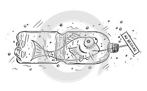 Cartoon of Fish Trapped in Plastic Bottle Holding Au Secours Sign