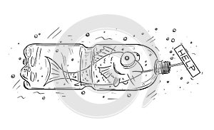 Cartoon of Fish Trapped in Plastic Bottle Holding Help Sign