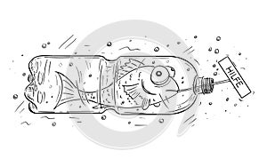 Cartoon of Fish Trapped in Plastic Bottle Holding Hilfe Sign