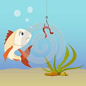 Cartoon fish underwater and earthworm on the hook