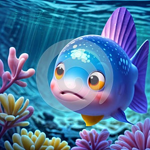 cartoon fish underwater in the ocean sea, cute, lofty 3d character, children\'s toy fish in an aquarium