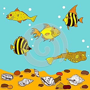 Cartoon fish in water with sand, stones and shells