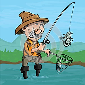Cartoon fisherman catching a fish