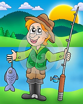 Cartoon fisherman with fish