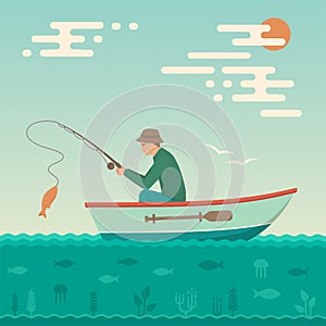 Cartoon fisherman, man cath fish on fishing rod