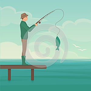 Cartoon fisherman, man cath fish on fishing rod