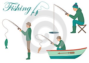 Cartoon fisherman, man cath fish on fishing rod