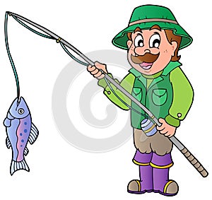 Cartoon fisherman with rod and fish photo