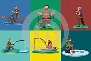 Cartoon fisherman standing in hat and pulls net on boat out of sea, happy fishman holds fish catch and spin vecor