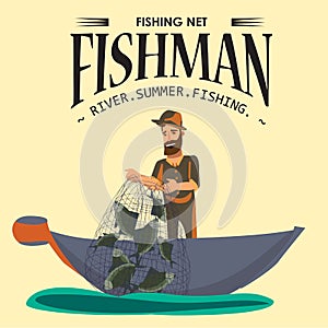 Cartoon fisherman standing in hat and pulls net on boat out of water, happy fishman holds fish illustration isolated