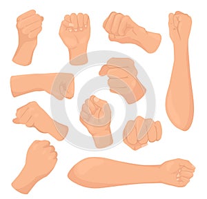 Cartoon fist vector illustrations, woman hand with clenched palm, raised female hand isolated icons set