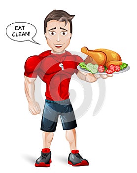 Cartoon Fitness Coach with healthy meal