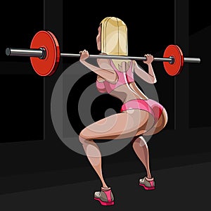 Cartoon fitness girl doing barbell squat exercise