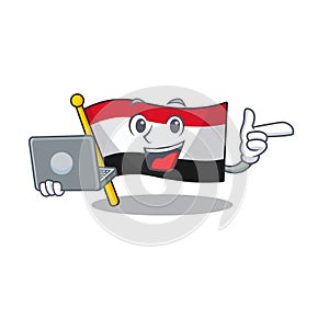 Cartoon flag yemen isolated in with bring laptop character