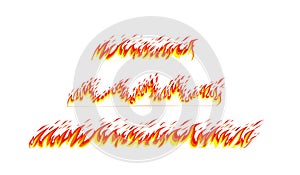 Cartoon flame banner border elements, orange burn bounds, blazing line. Fire borders on white. Vector images isolated.