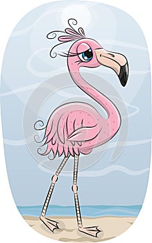 Cartoon flamingo on a Beach