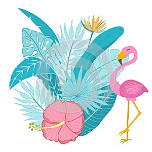 Cartoon flamingo character with tropical leaves and flowers composition isolated on white background. Beautiful flamingo print for