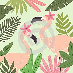 Cartoon flamingo,decor elements. Summer colorful vector illustration, flat style.