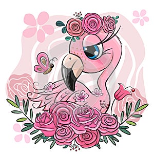 Cartoon Flamingo with flowers on a pink background