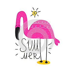Cartoon flamingo, hand drawing lettering, decor elements. Summer colorful vector illustration, flat style.
