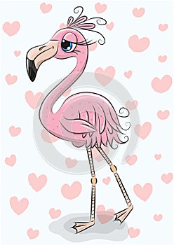 Cartoon flamingo on a hearts background