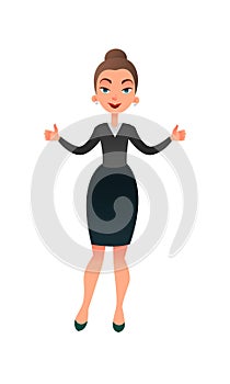 Cartoon flat business lady makes her thumbs up. Confident businesswoman focused on success. Cheerful manager giving