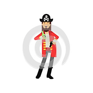 Cartoon flat character of bearded pirate captain holding bottle of rum and flintlock pistol in hands