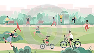 Cartoon flat characters doing various outdoor sport activities at city park,healthy sporty lifestyle vector illustration