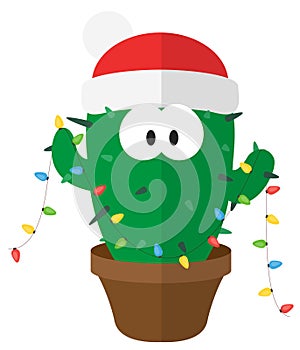 Cartoon flat Christmas prickly cactus with a garland