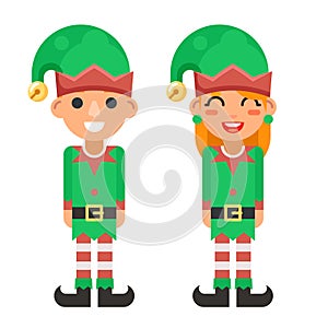 Cartoon Flat Design Elf Boy And Girl Characters Christmas Santa Teen Icons New Year Holiday Vector Illustration