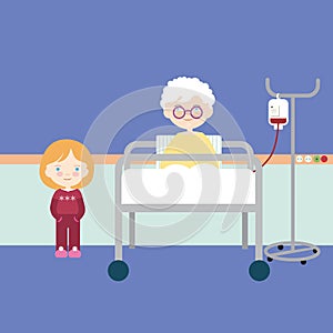 Cartoon flat design illustration of old and sick woman lying on bed in hospital. Granddaughter or young girl visiting, vector