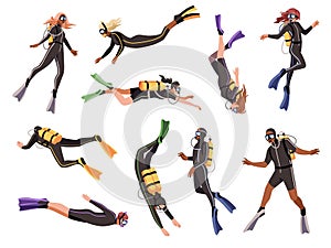 Cartoon flat divers. People with diving equipment, oxygen tanks, underwater masks, snorkels, scuba swimming persons. Men