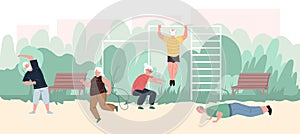 Cartoon flat elderly characters doing sport workout outdoors, vector illustration