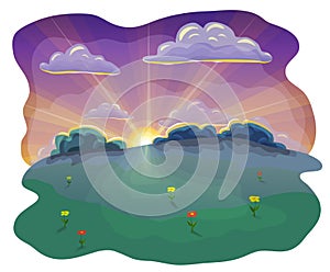 cartoon or flat evening landscape background at sunset. sunset scene in nature with beautiful evening sky and clouds, green hills