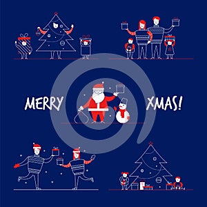 Cartoon flat family characters winter holidays,popular mascots Santa Claus,Snowman-Merry Christmas banners concept set