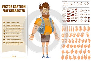 Cartoon flat fat hipster man character vector set