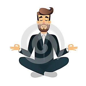 Cartoon flat happy office manager sitting and meditating. Illustration of handsome businessman relaxed calm in lotus pose. Man Yog