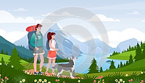 Cartoon flat happy traveler woman man couple and pet friend walk path, hiker people and dog enjoy nature scenery of