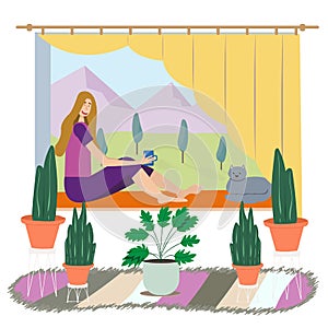 Cartoon flat illustration girl sitting on window. Happy woman, cat sit on window, view mountain sunny landscape. Nature