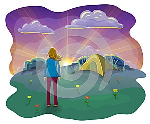 cartoon flat illustration of relaxing woman resting with tent in nature at sunset. woman enjoying sunset in nature. summer camping