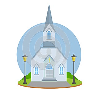Cartoon flat illustration - religious building. Catholic Protestant Church for prayer