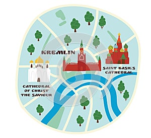 Cartoon flat map of the center of  Moscow with Kremlin and Cathdrals.  Funny cute European Russian city map. Vector illustration photo