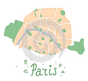 Cartoon flat map of the center of the Paris. Seine river is blue, Bois de Boulogne and Bois de Vincennes are green