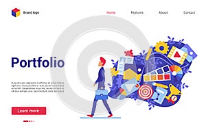 Cartoon flat modern trendy website interface for creative art studio, designer agency with freelancer artist character