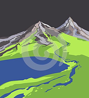 Mountain landscape. Stylized image of mountains, green meadow, mountain lake and river, flat vector illustration