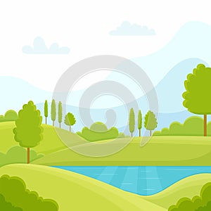 Cartoon flat panorama of spring summer beautiful nature, green grasslands meadow, forest, scenic blue lake, mountains